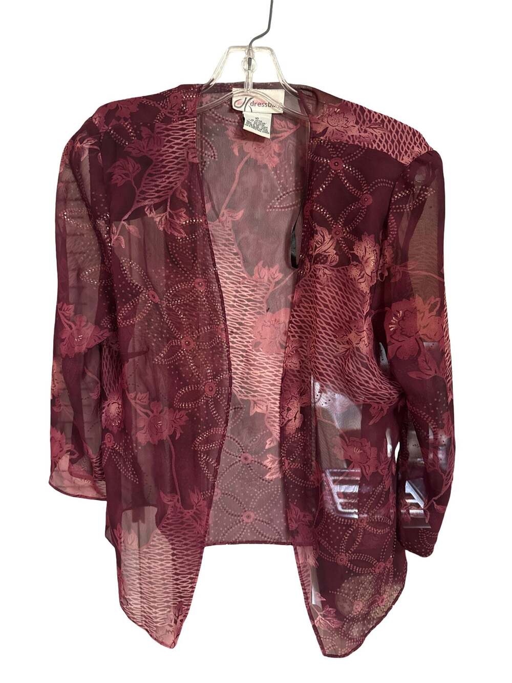 dressbarn Women's Burgundy Floral Sheer Open-Front 3/4 Sleeve Kimono Cardigan Ja